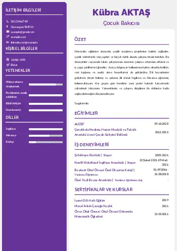 Çocuk Bakıcısı CV Örnekleri cv indir